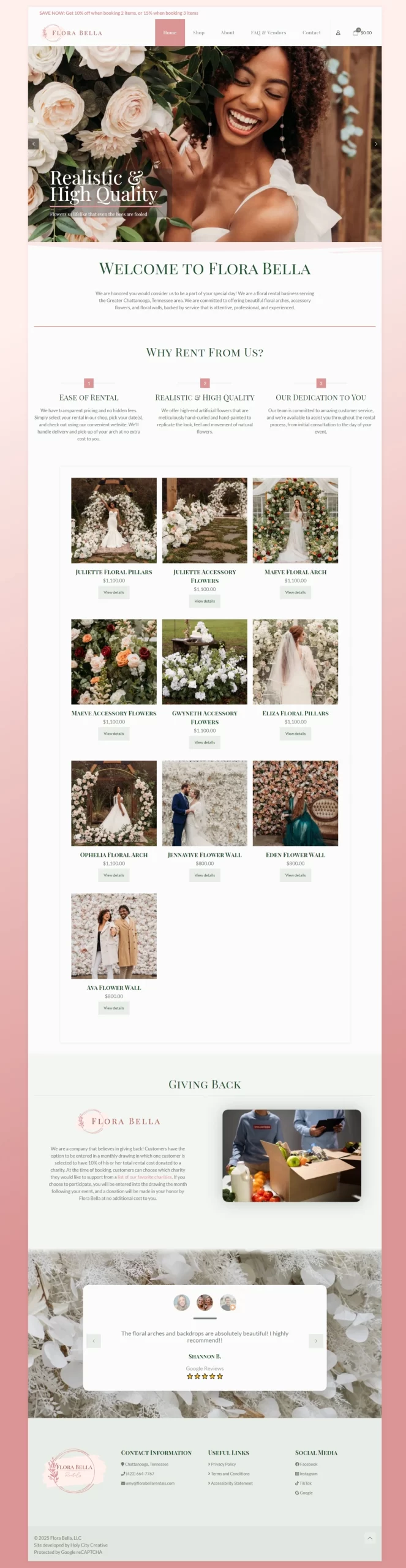 Scrolling screenshot of a website built for Flora Bella in Chattanooga, TN